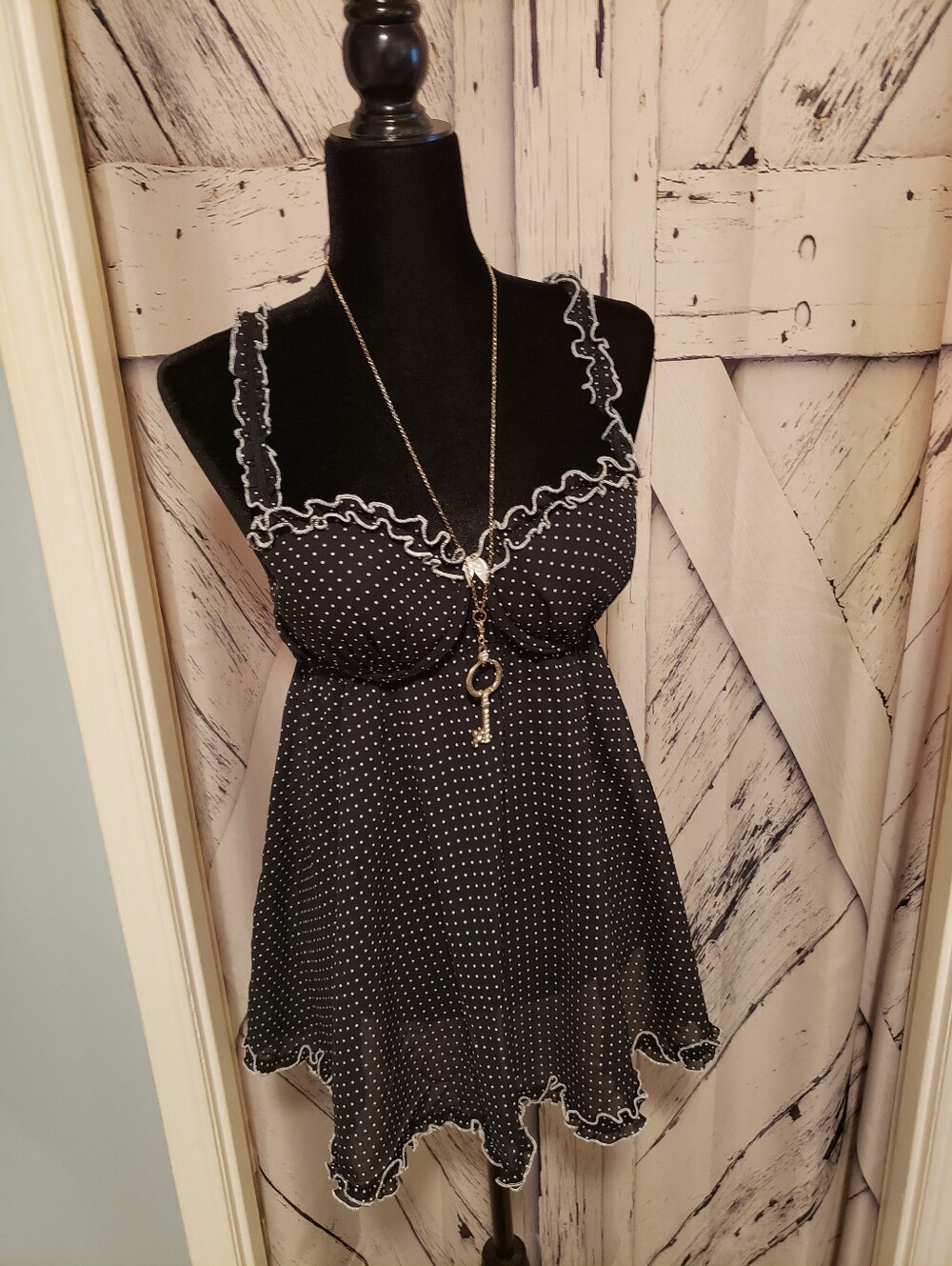 Dantelle Black with White Polka Dot Ruffle-Trim Camisole